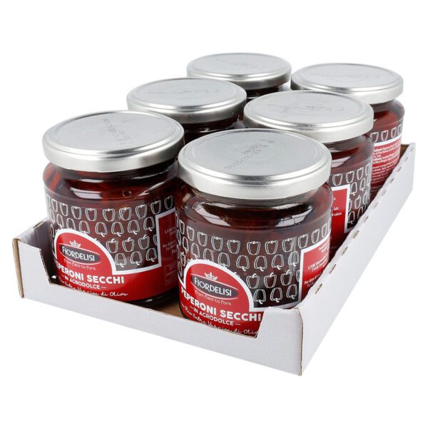 kit da 6 confezioni di peperoni secchi in agrodolce con olio extra vergine di oliva 280 g