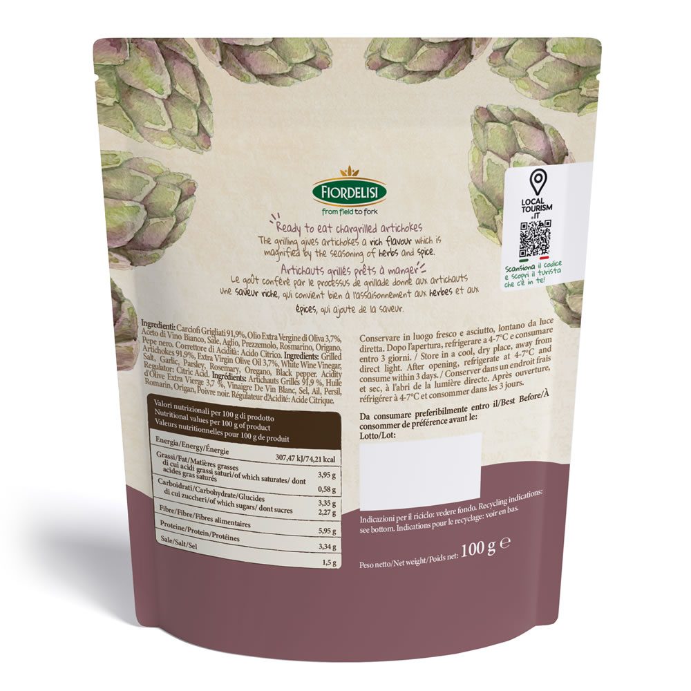 Carciofi grigliati pronti da gustare 100 g retro – primo piano del prodotto