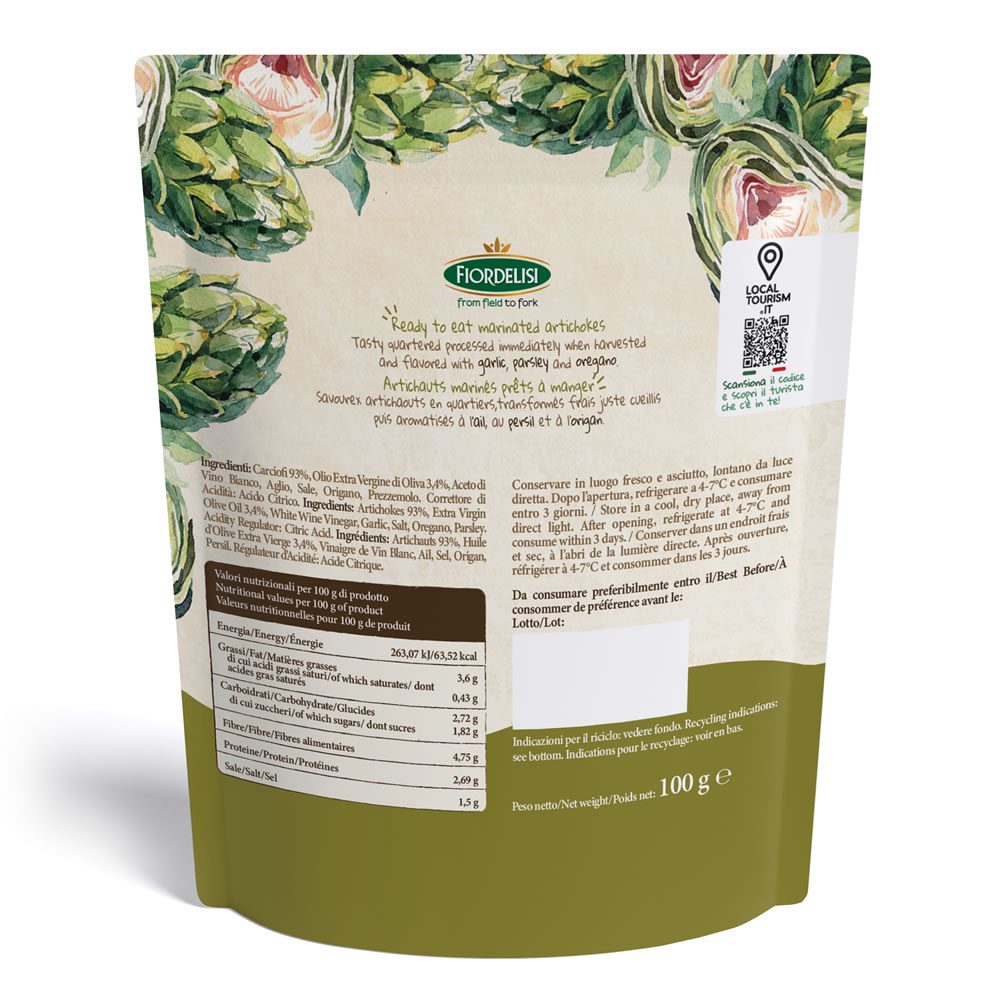 Carciofi marinati pronti da gustare 100 g retro – primo piano del prodotto